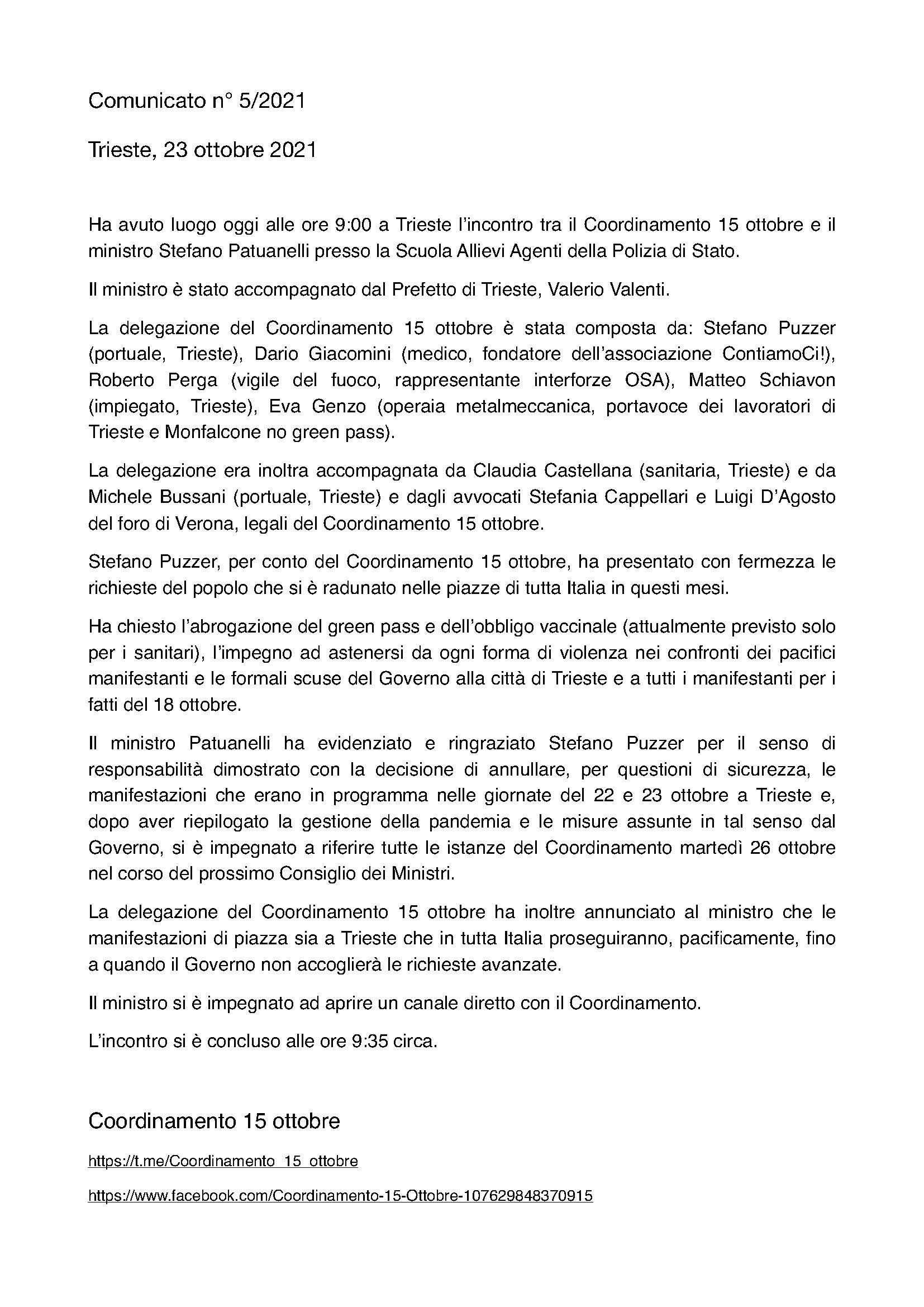 Comunicato stampa 23 ottobre